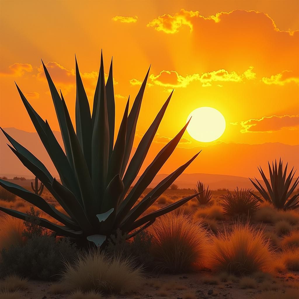 Agave Plant in Desert Sunset: Dreamy Landscape