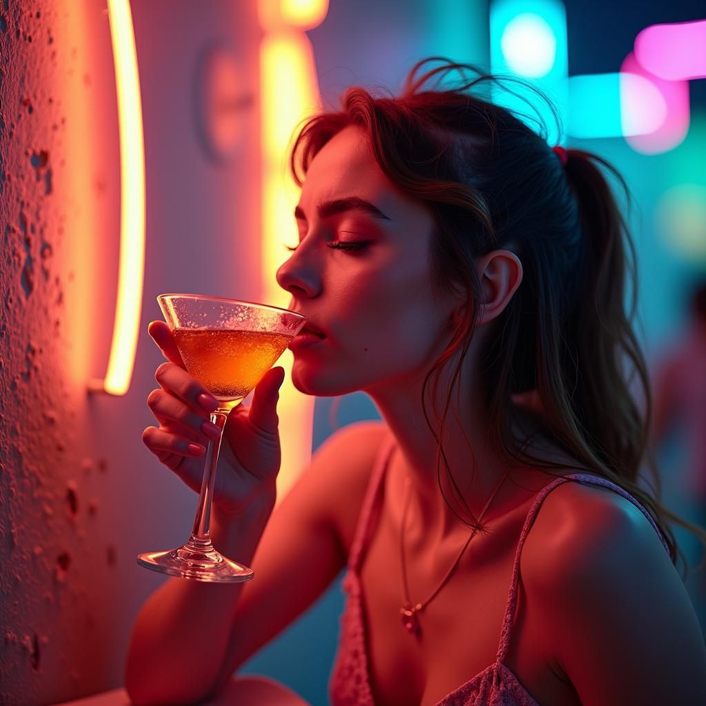 Woman Sipping Tequila Sunrise Cocktail at Night