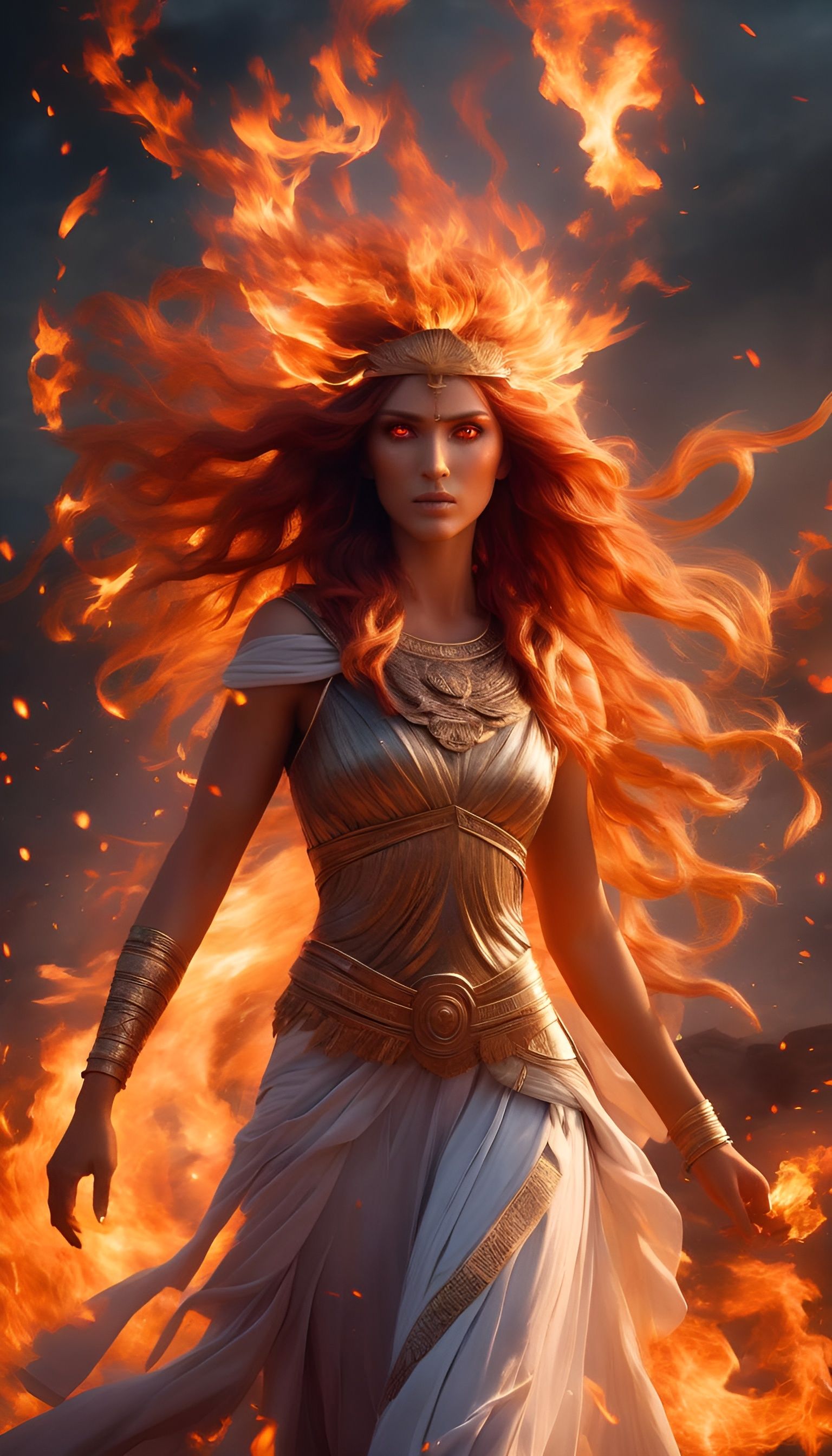 Greek Fire Goddess with Ethereal Flame Hair
