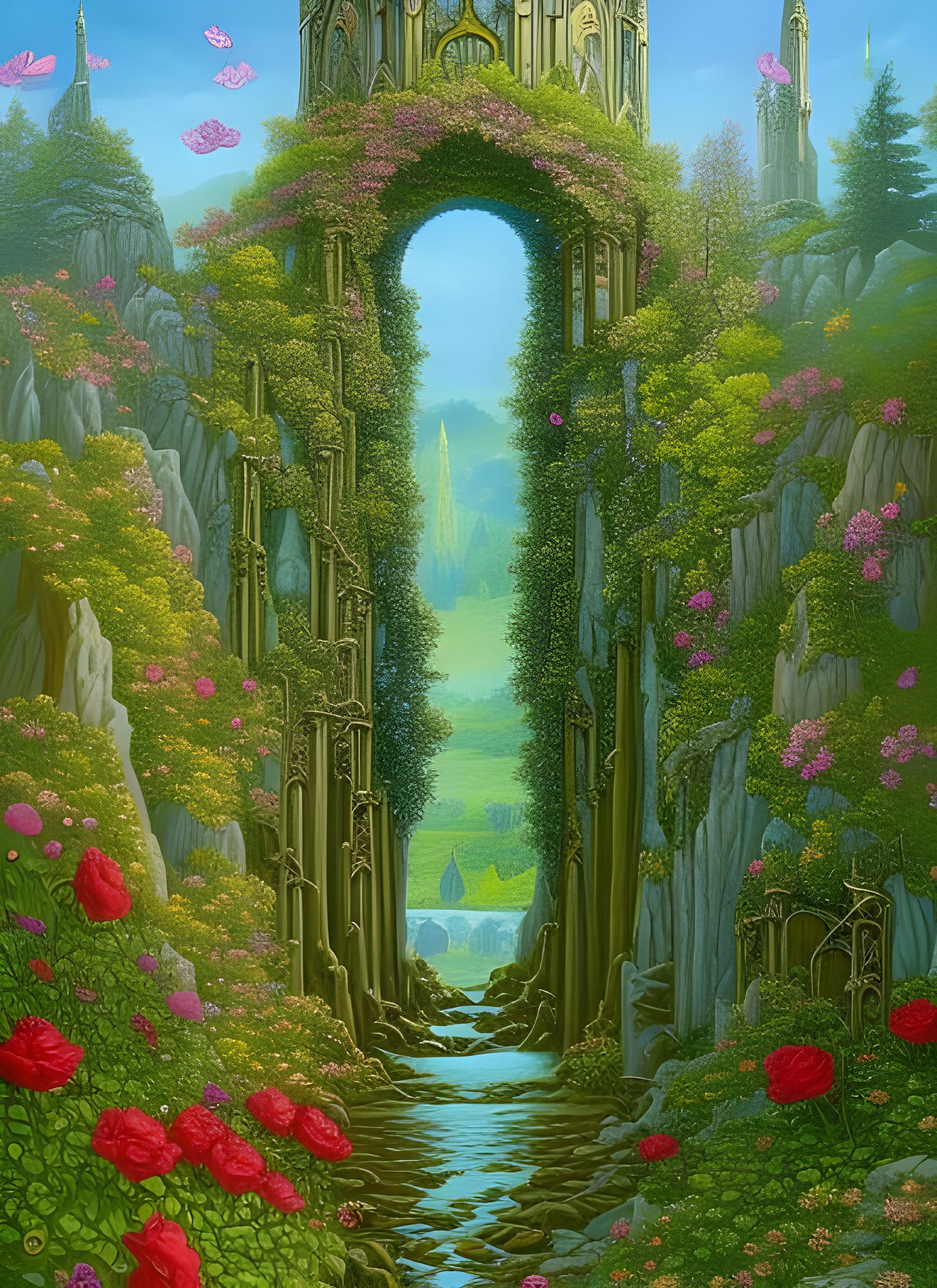 Hyperdetailed Rose Towers in Elven Woods Painting