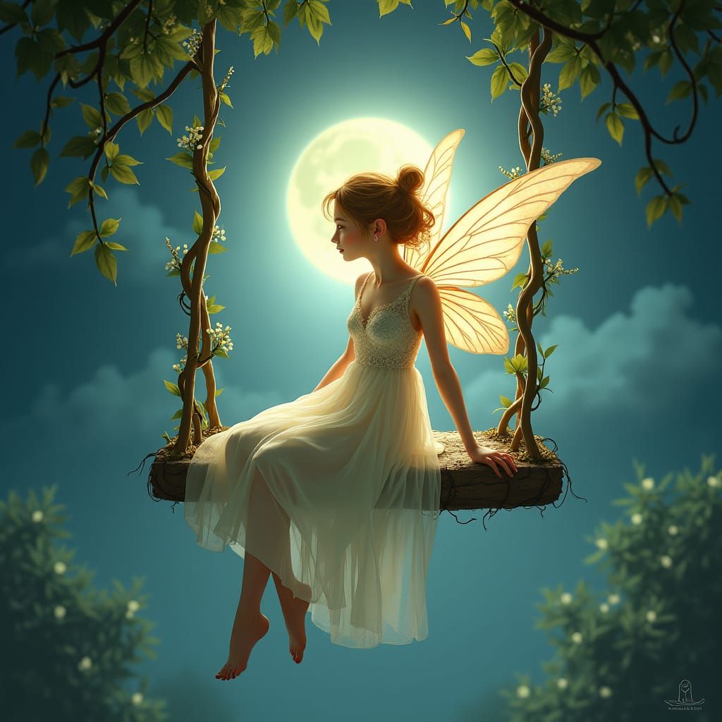 Ethereal Fairy on Moonlit Swing, Dreamy Art
