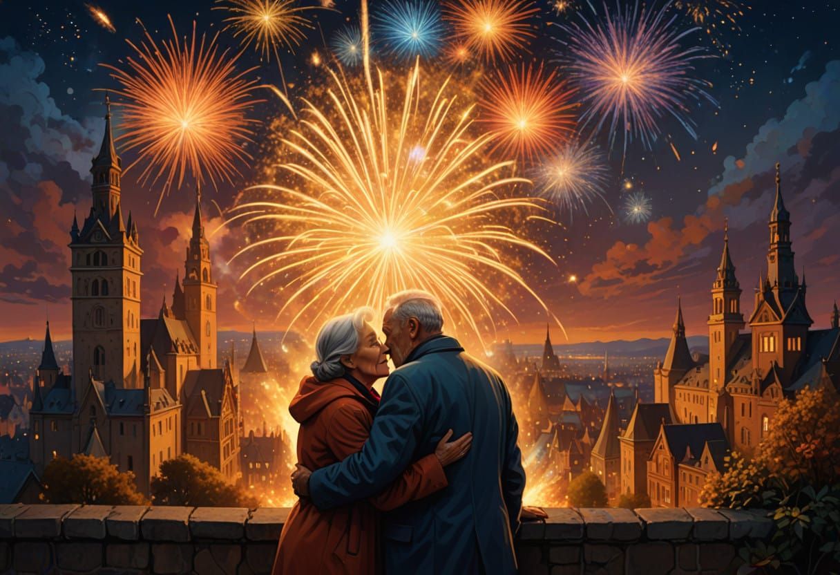 Golden New Year's Celebration with Joyful Elderly Couple