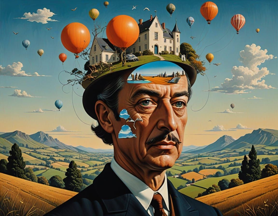 Dali-Inspired Surrealist Scene with Floating Objects and Fac...