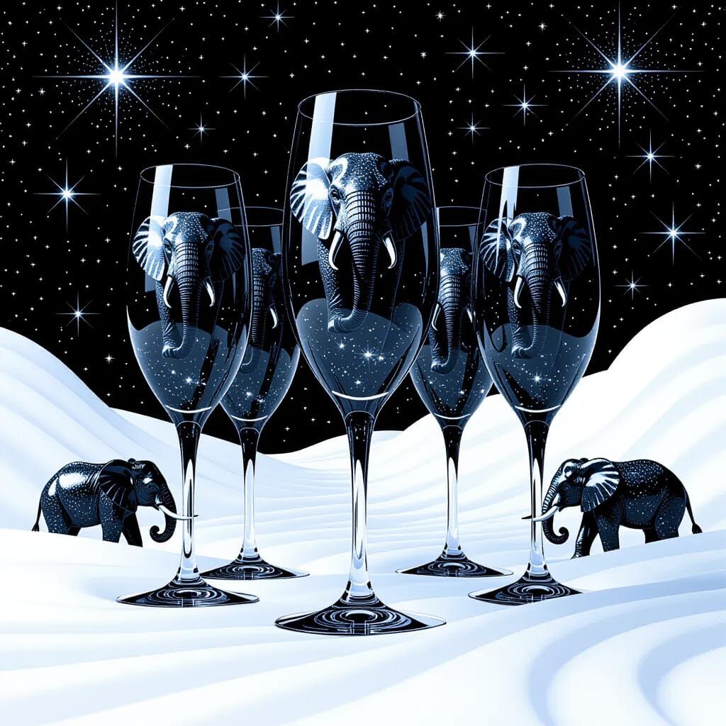 Champagne Elephants Float in Moody Digital Art