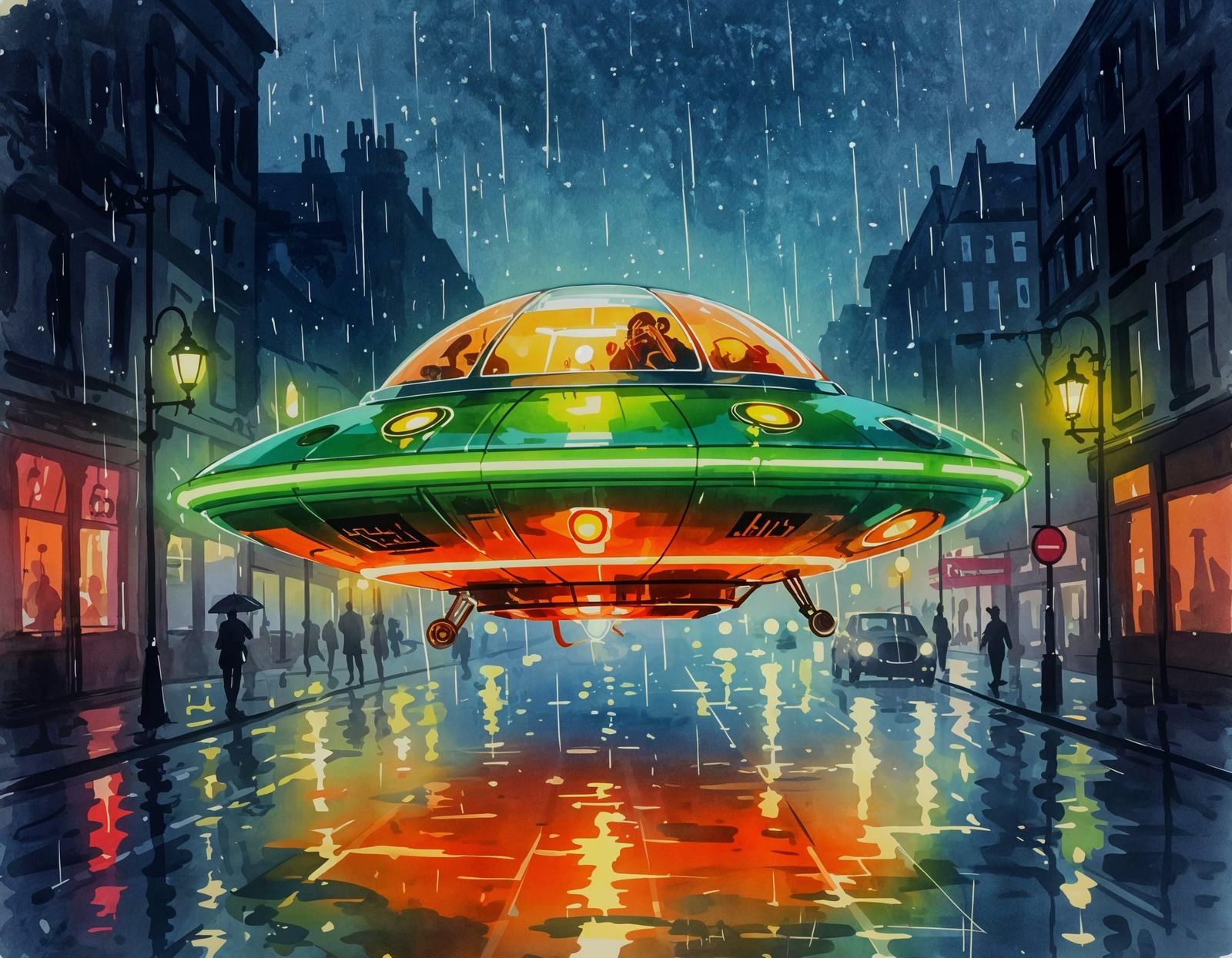 Steampunk Flying Saucer Taxi in Watercolor Style