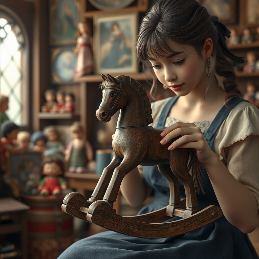 Woman Repairs Toy Rocking Horse: Rembrandt-Style Digital Art