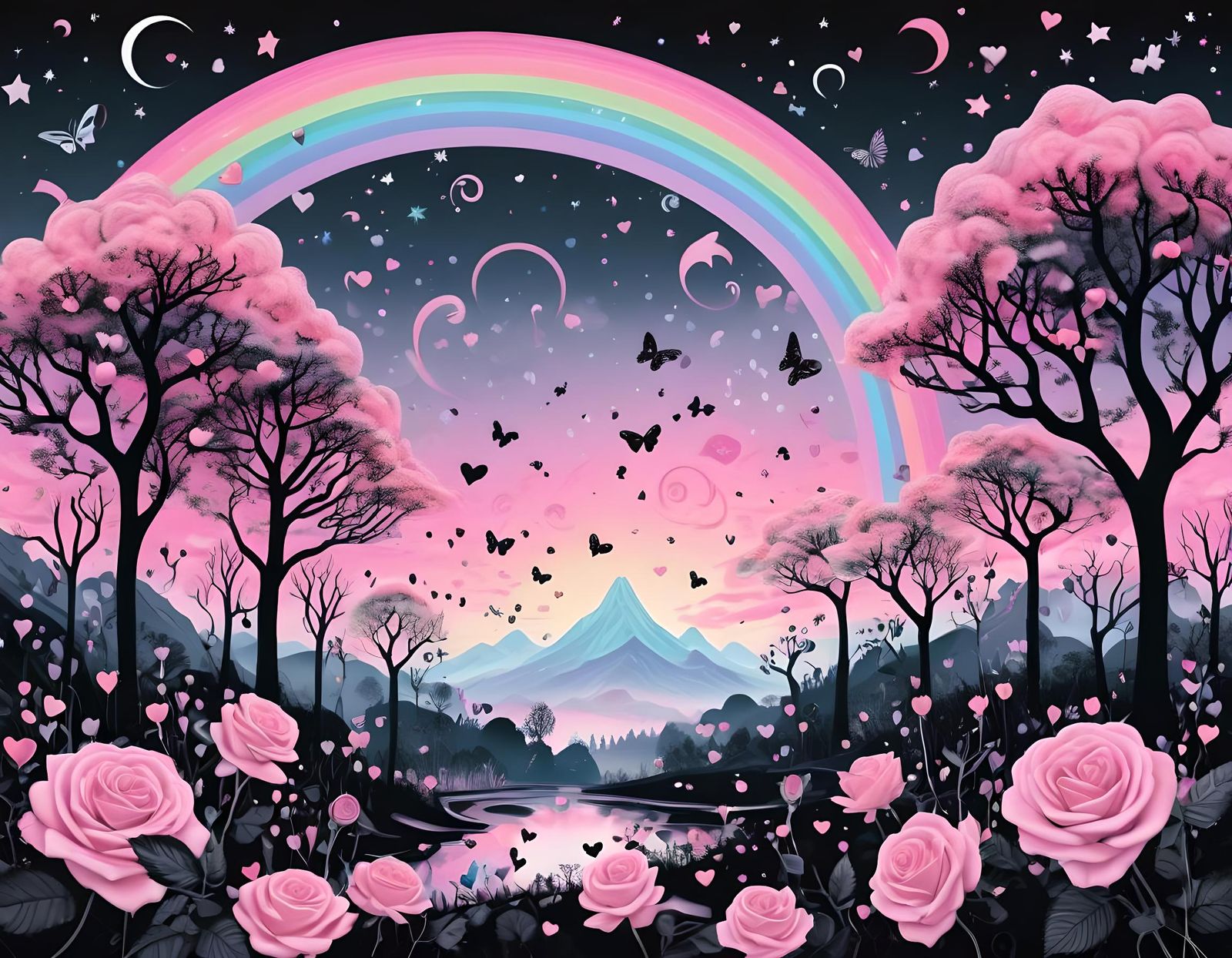 Mystical Garden with Rainbow in Pastel Pink and Black
