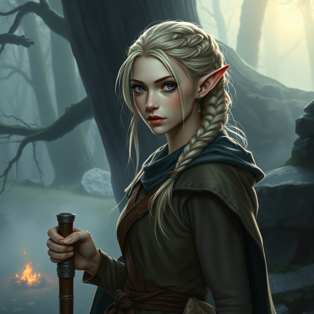 Half-Elf Woman at Misty Forest Edge: Painterly Style