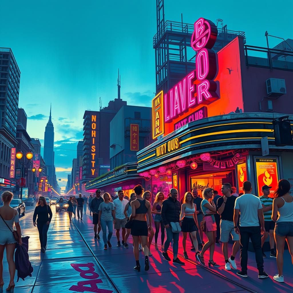 Vibrant Cityscape at Dusk with Nightclub, Neo-Pop Art