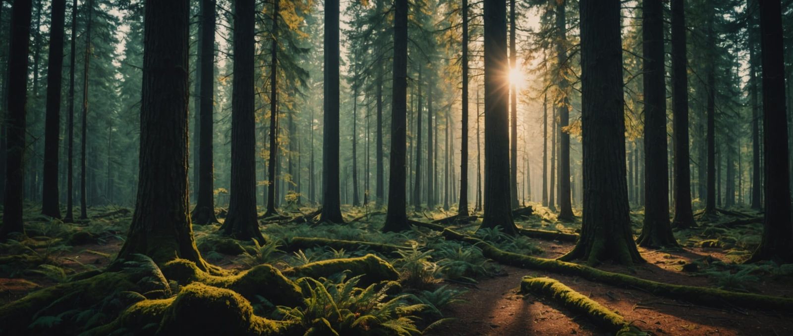 Autumn Sunrise in Old Growth Forest: Cinematic Film Still