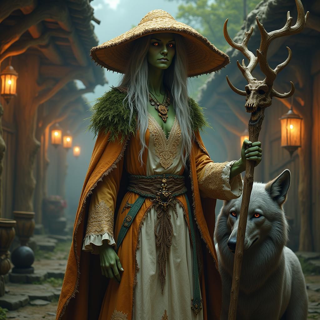 Mystical Green-Skinned Druid Witch in Fantasy Tavern