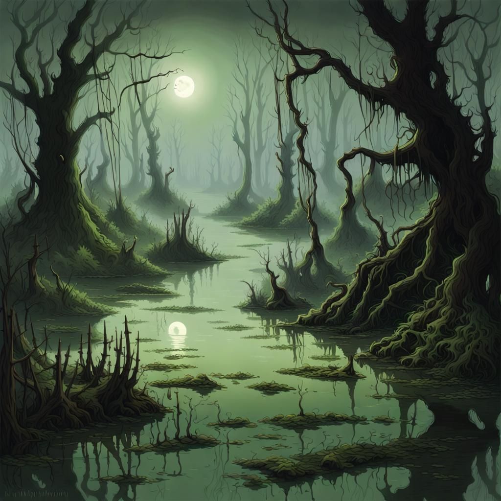 Moonlit Creepy Swamp with Will-o'-the-Wisps