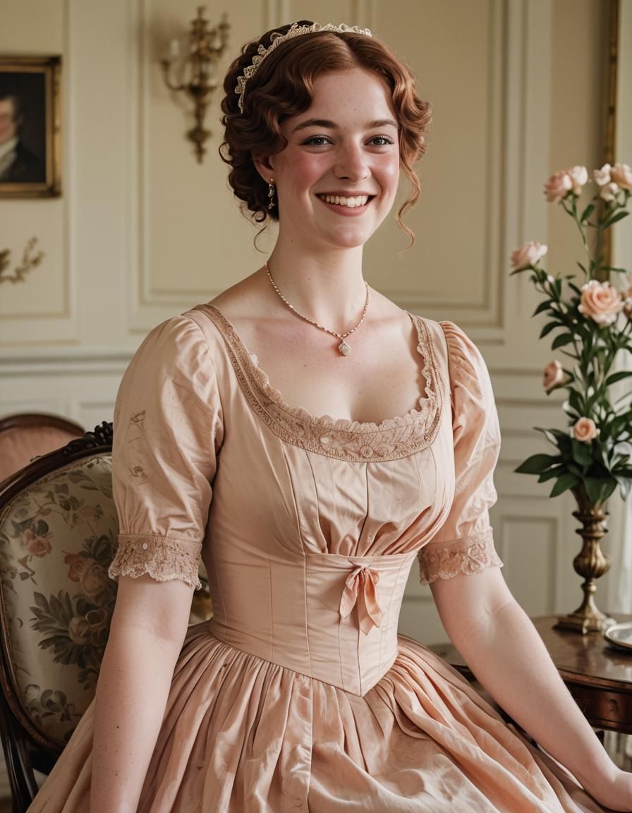 Joyful Regency Woman in Peach Dress Portrait