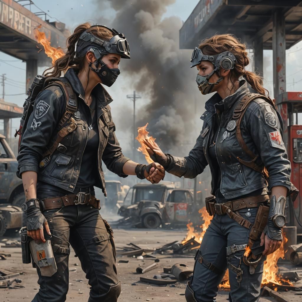 Post-Apocalyptic Raiders High Five in Acrylic Painting