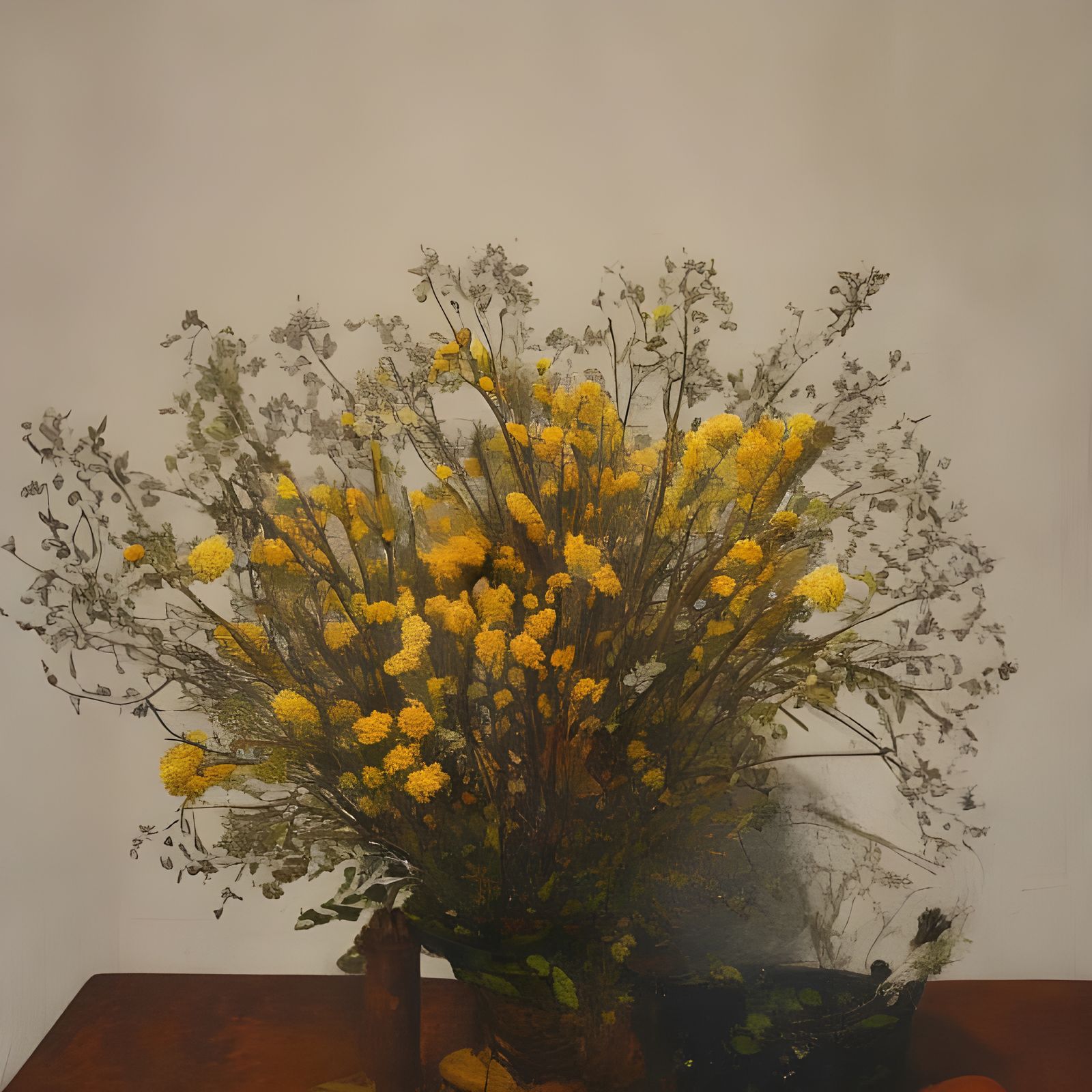 Radiant Dry Flowers: Hyperreal Painting in Copper Bucket