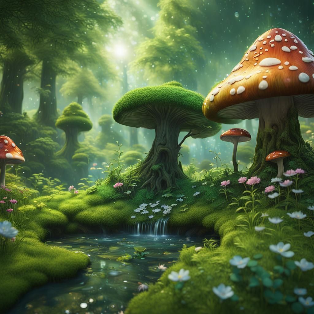 Lush Forest Scene with Intertwined Mushroom, Matte Painting
