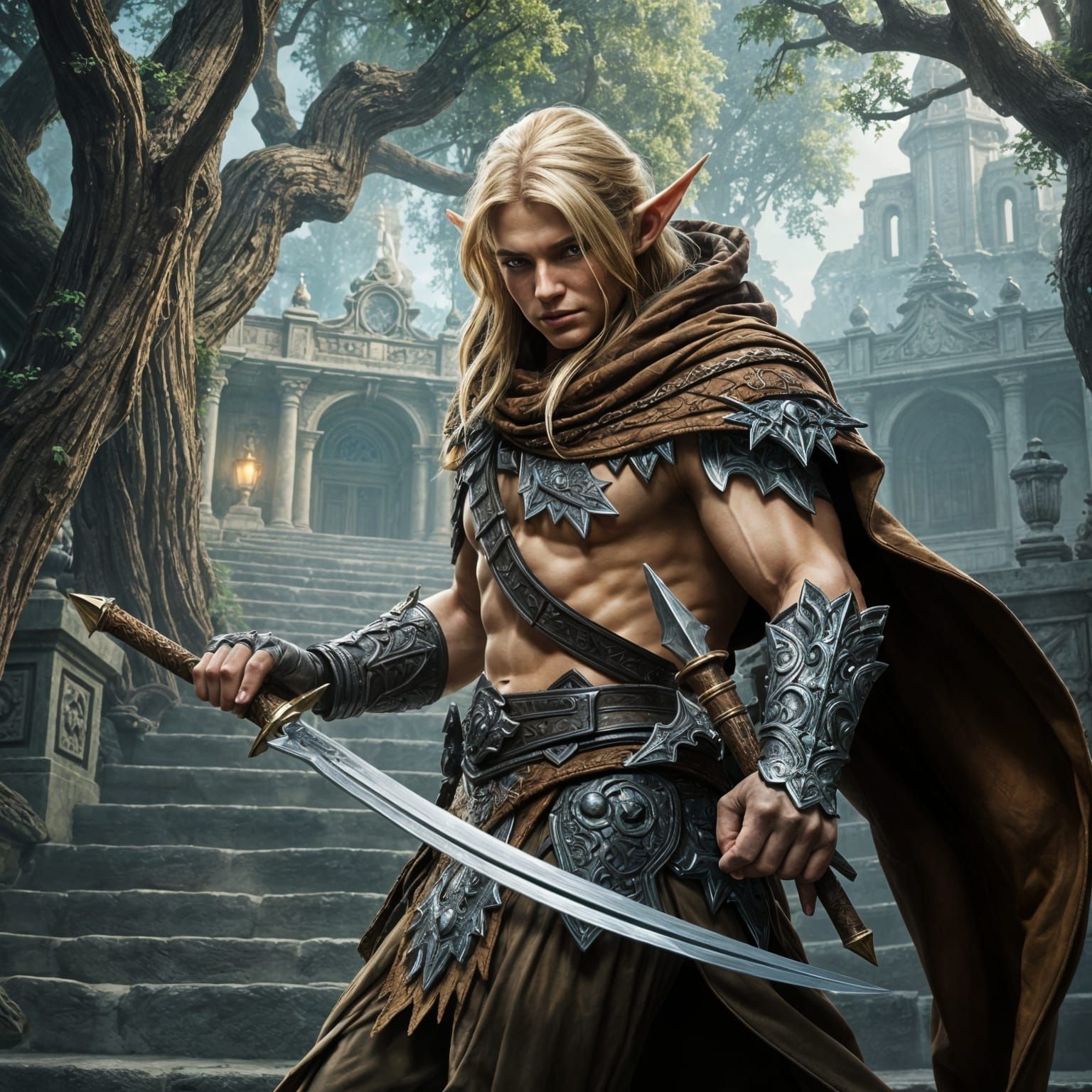 Elf Warrior Sneaking Through Fantasy Forest City