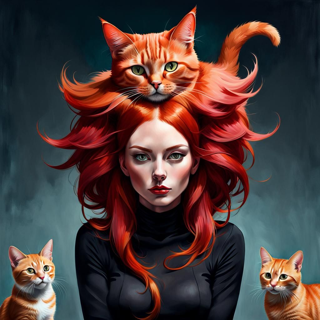 Surreal Woman Portrait with Cat in Mixed Media