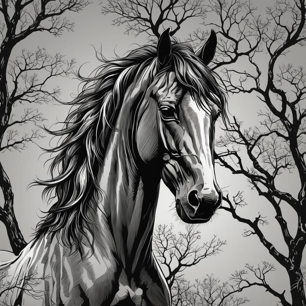 Monochrome Vector Graphic of Horse Head and Tree