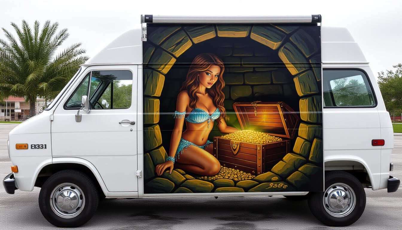Airbrushed Van Mural: Girl and Dungeon Treasure