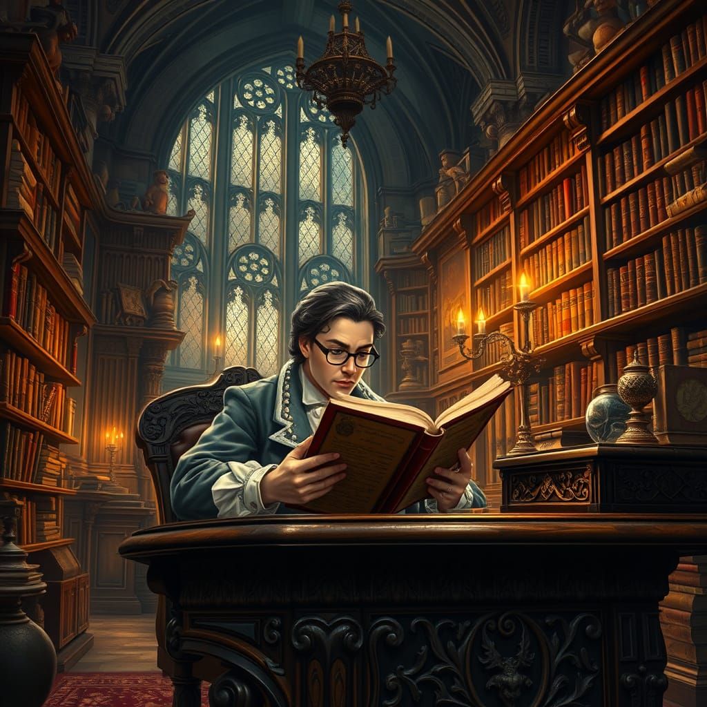 Victorian Scholar in Gothic Steampunk Library