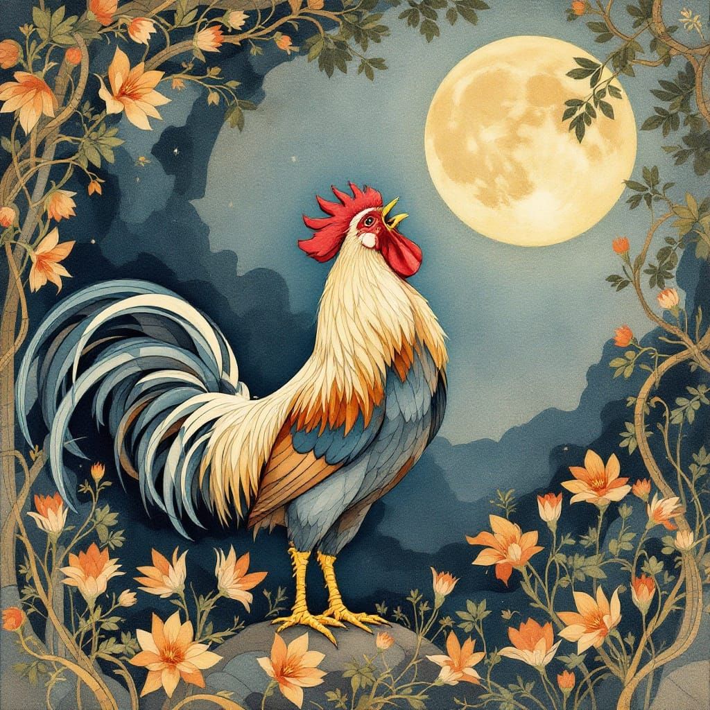Rooster's Celestial Serenade: Art Nouveau Meets Geometric Ha...