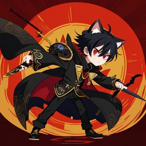 Anime-Inspired Boy Wields Sword in Luxurious Gold Attire