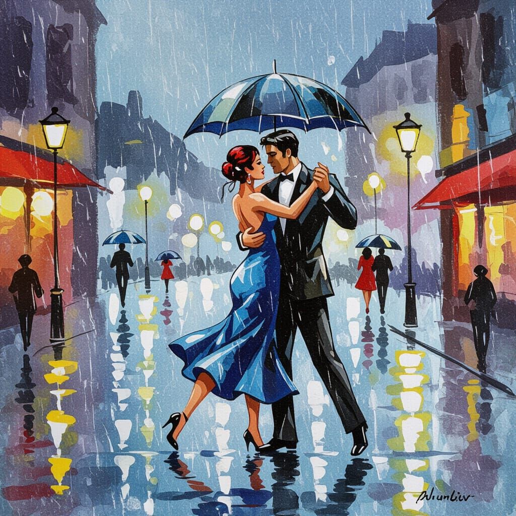 Couple Dancing Tango in Urban Rain as Realistic Watercolor