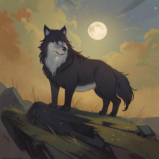 Wolf Howling at Moon in Romantic Landscape Painting