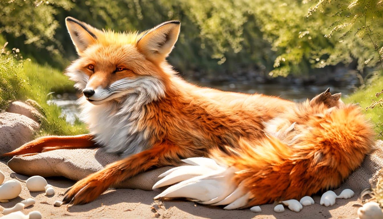 Relaxed Fox Lounging by a Peaceful River