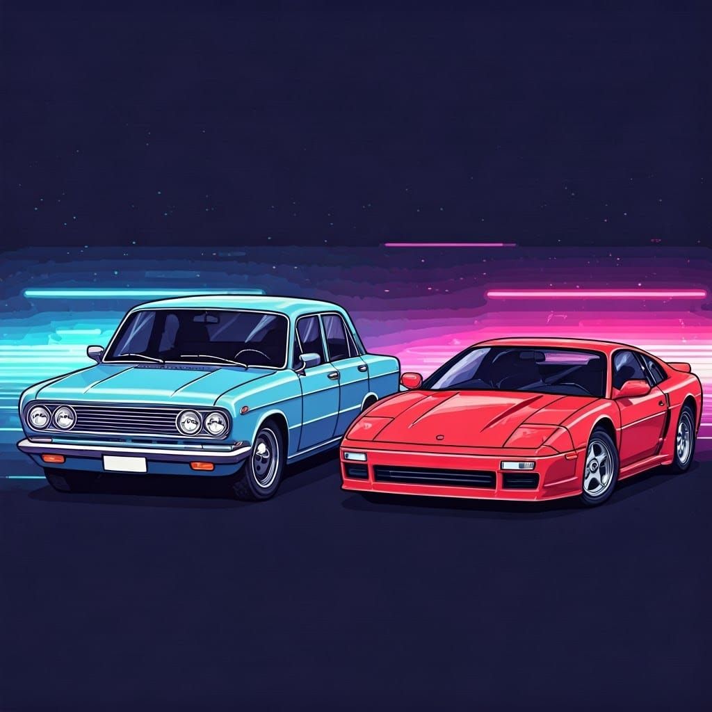 Retro-Futuristic Cars in Neon Synthwave Style