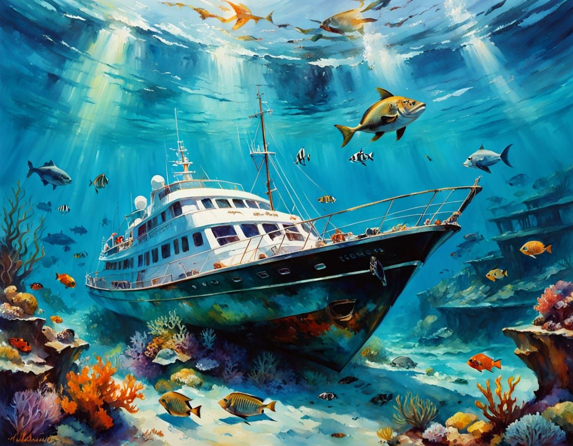 Underwater Yacht Shipwreck in Watercolor Painting