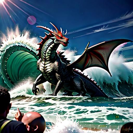 Dragon Emerges from Sea on Crowded Beach