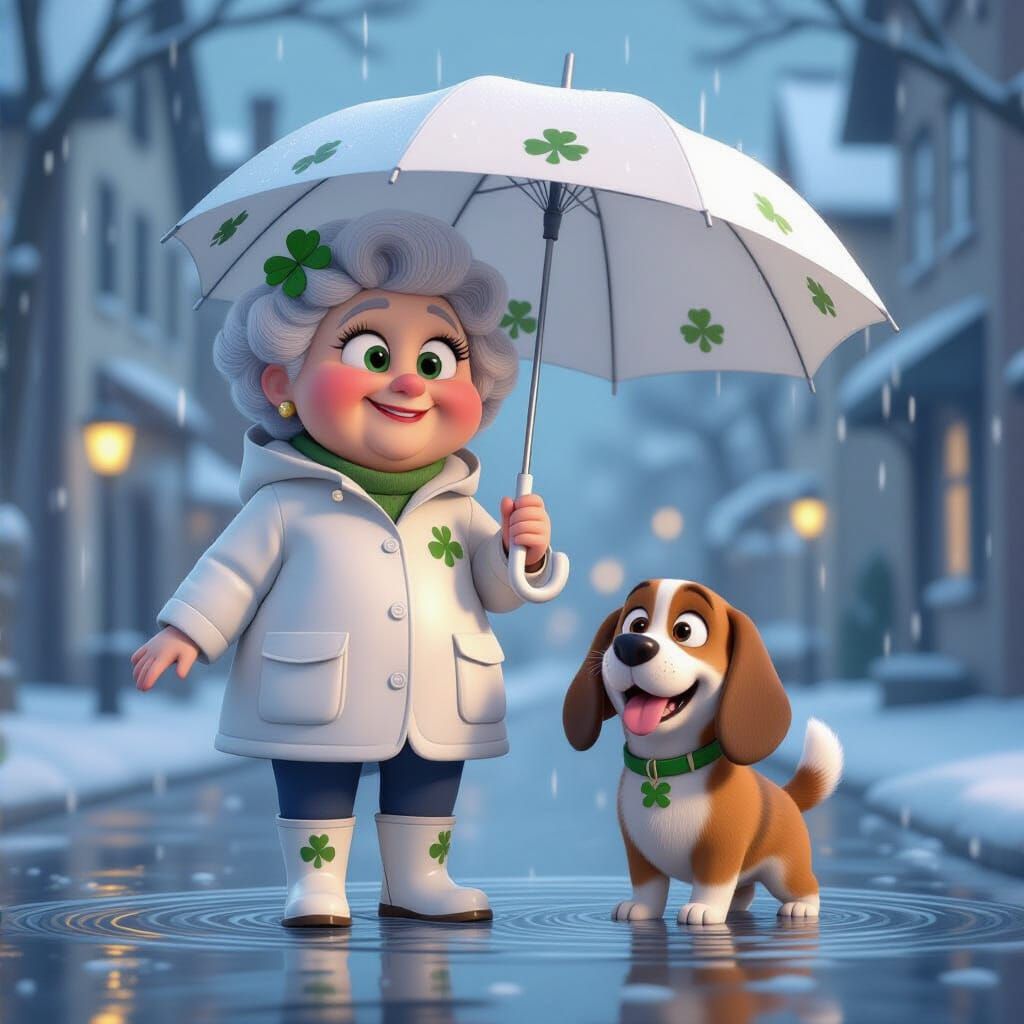 Charming Grandma and Dog in Winter Rain
