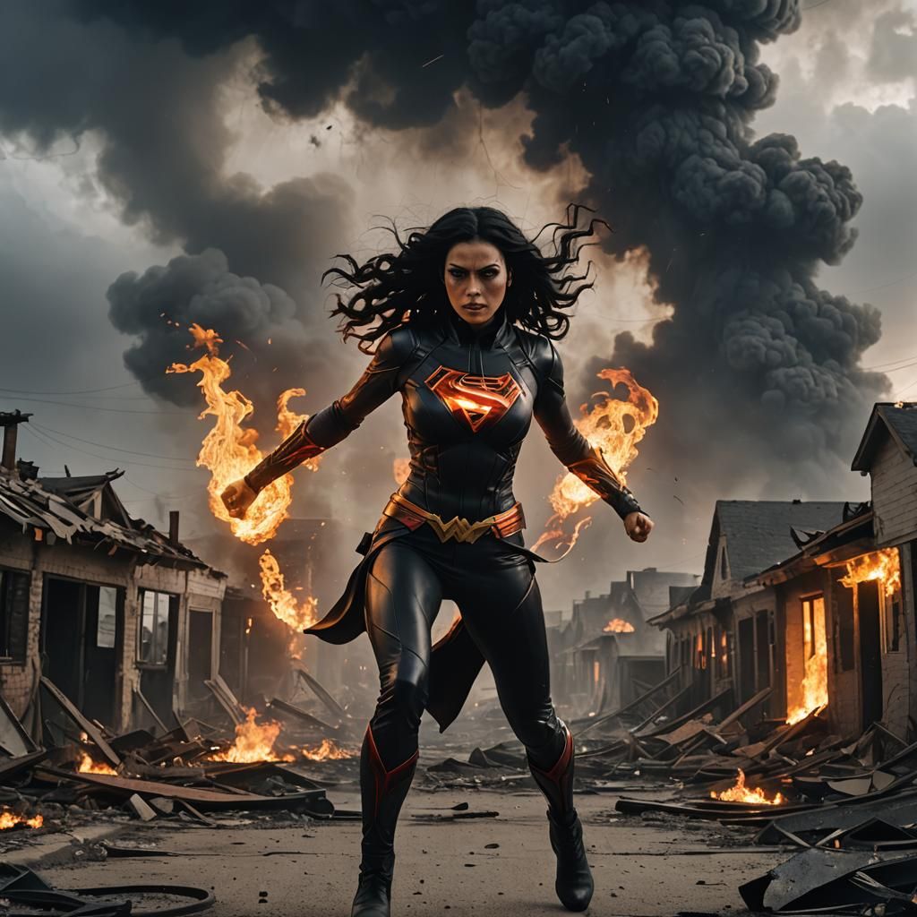 Fiery Superheroine Over Desolate Landscape in Cinematic Styl...