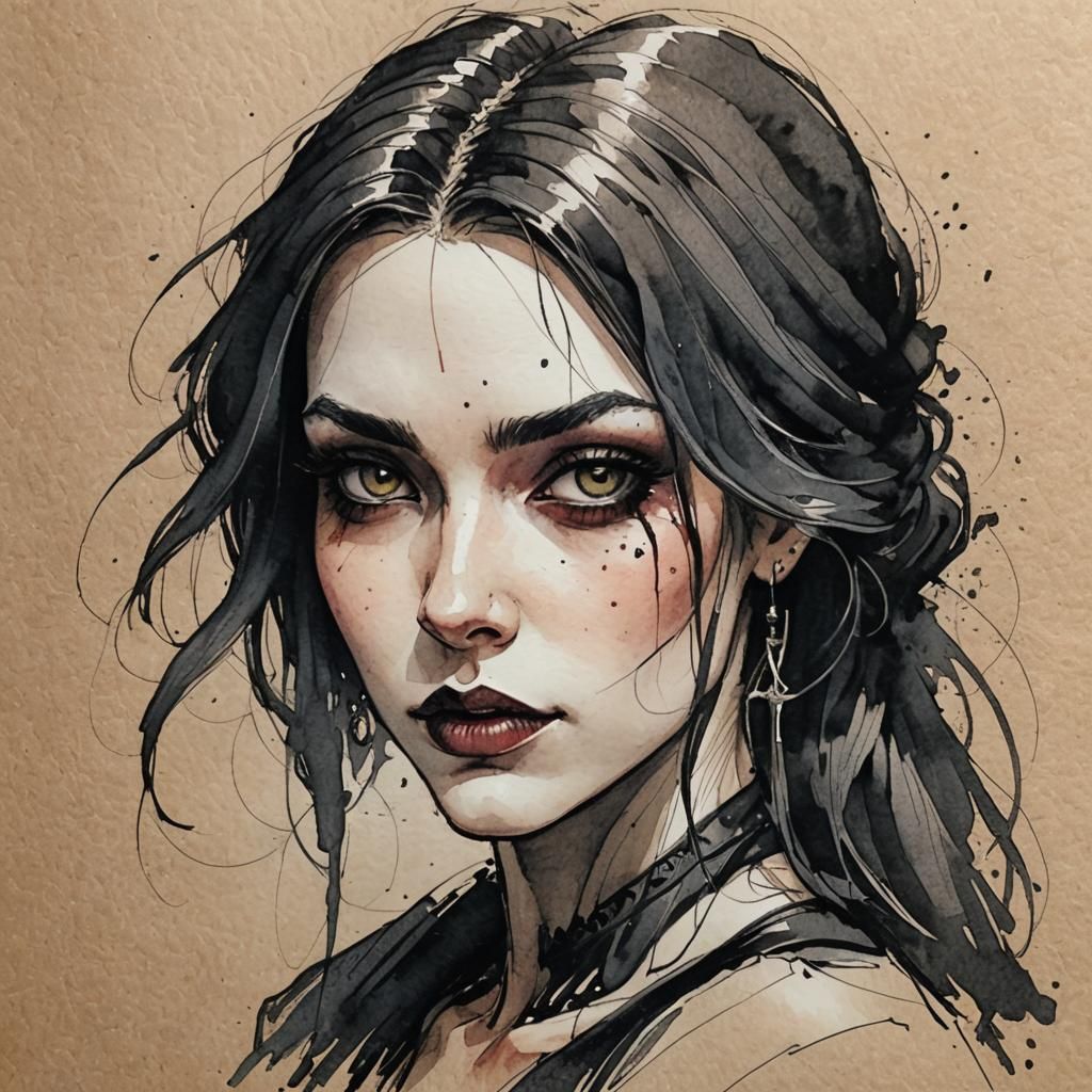 Gothic Woman Turnaround in Rustic Sketchbook Style