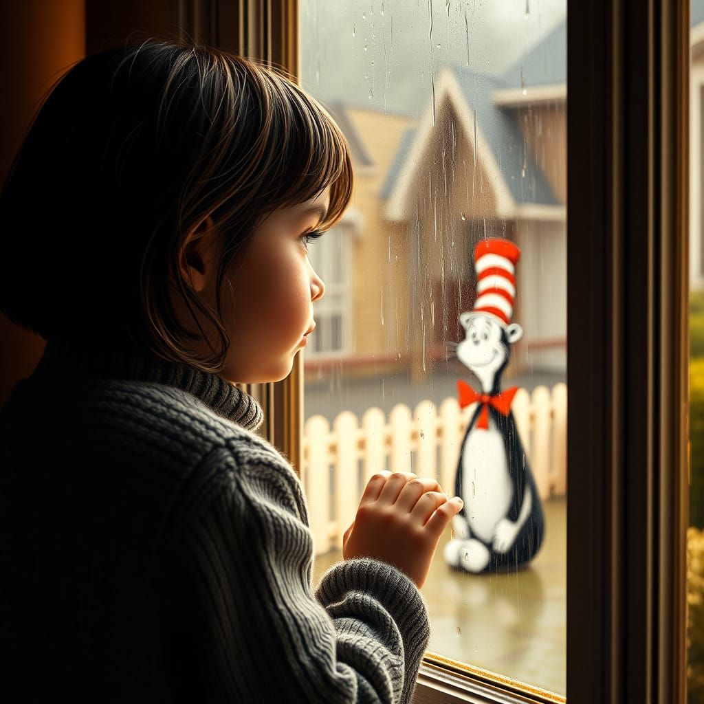 Young Girl Contemplates Rainy Day with Soaked Cat in the Hat