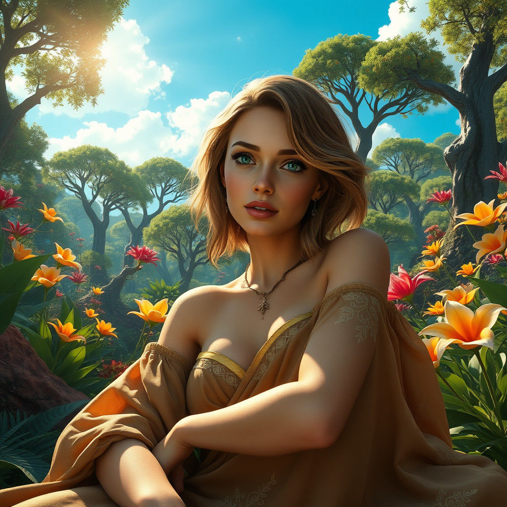Woman in Garden, Dreamlike Fantasy Concept Art