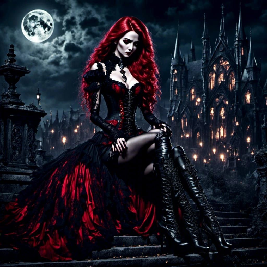 Beautiful Vampire Overlooking City at Night