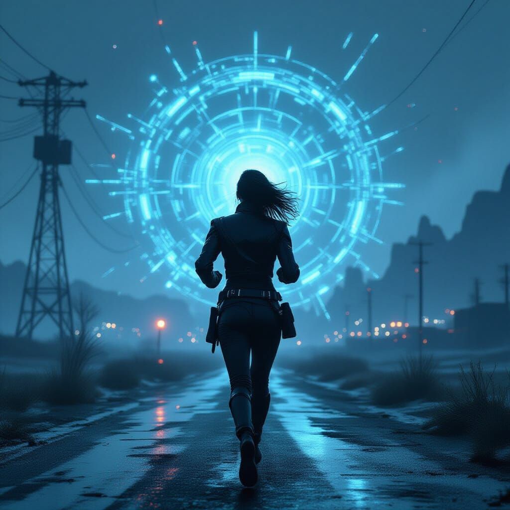Woman in Dystopian Landscape in Cyberpunk Style