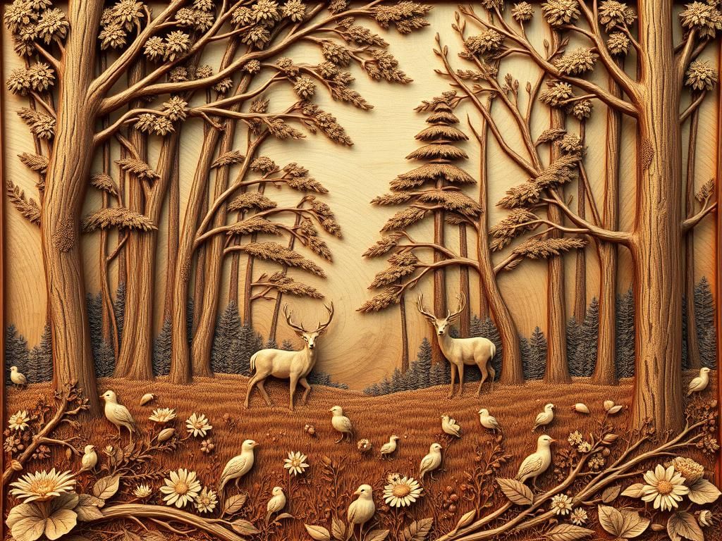Intricate Wood Carving of a Serene Forest Scene