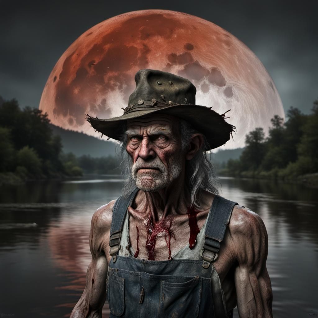 Grizzled Appalachian Man Under Blood Moon: 3D Render