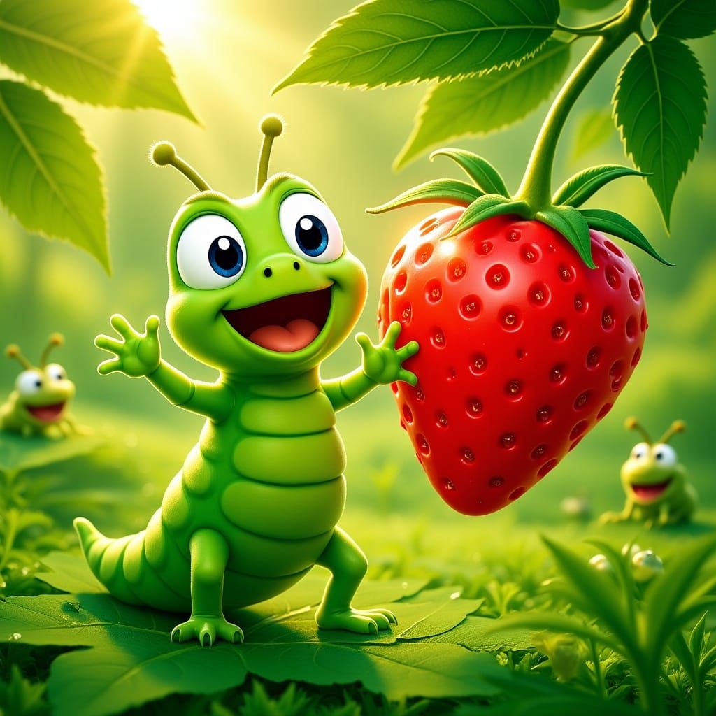 Cartoon Caterpillar's Strawberry Surprise in Sunny Garden