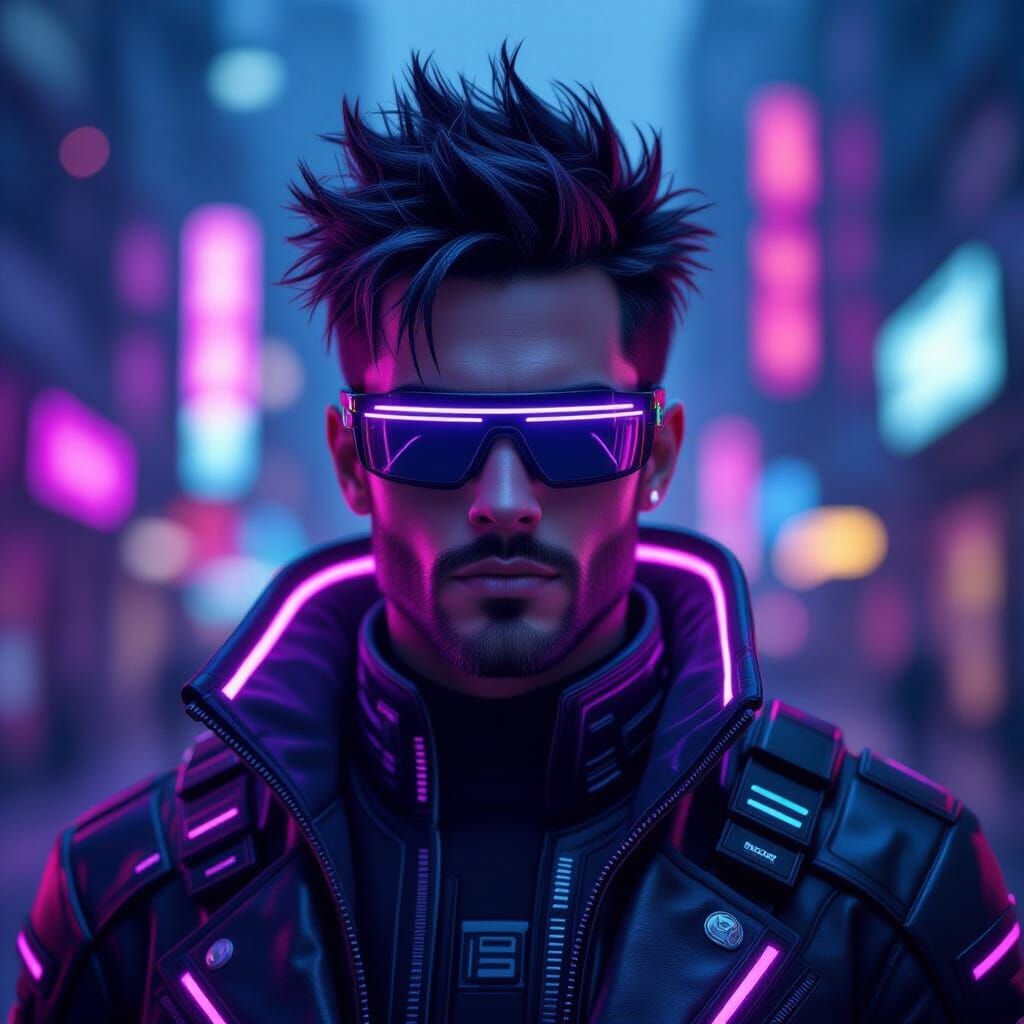 Cyberpunk Portrait of Man with Neon Glasses and Jacket