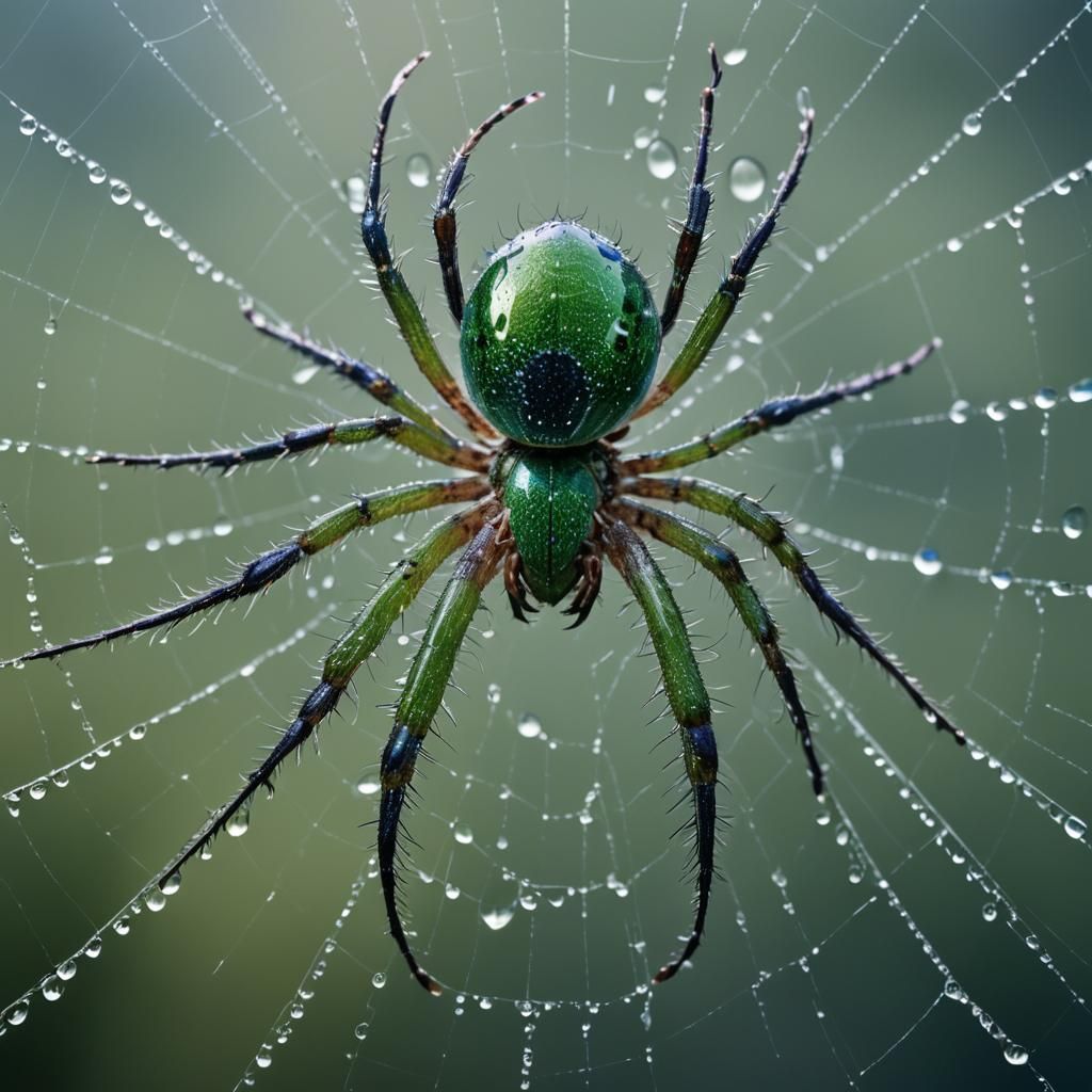 Green and Blue Spider on Dewy Web
