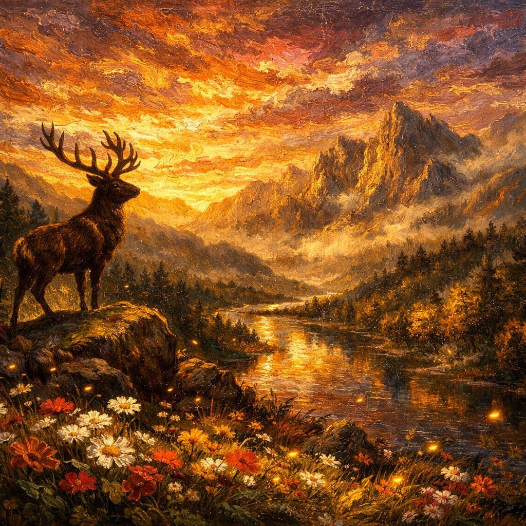 Majestic Stag in Golden Hour Mountain Landscape