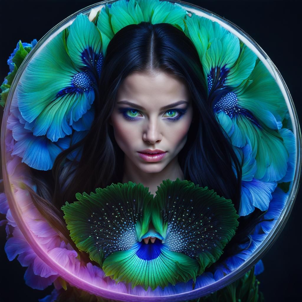 Ecstatic Woman Gazing at Bioluminescent Flower