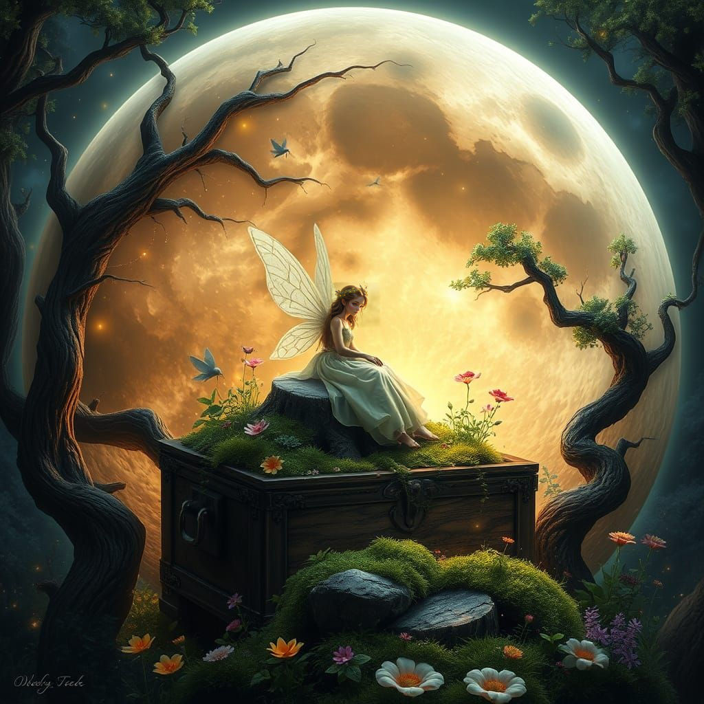 Fairy in Moon Treasure Chest, Enchanted Forest
