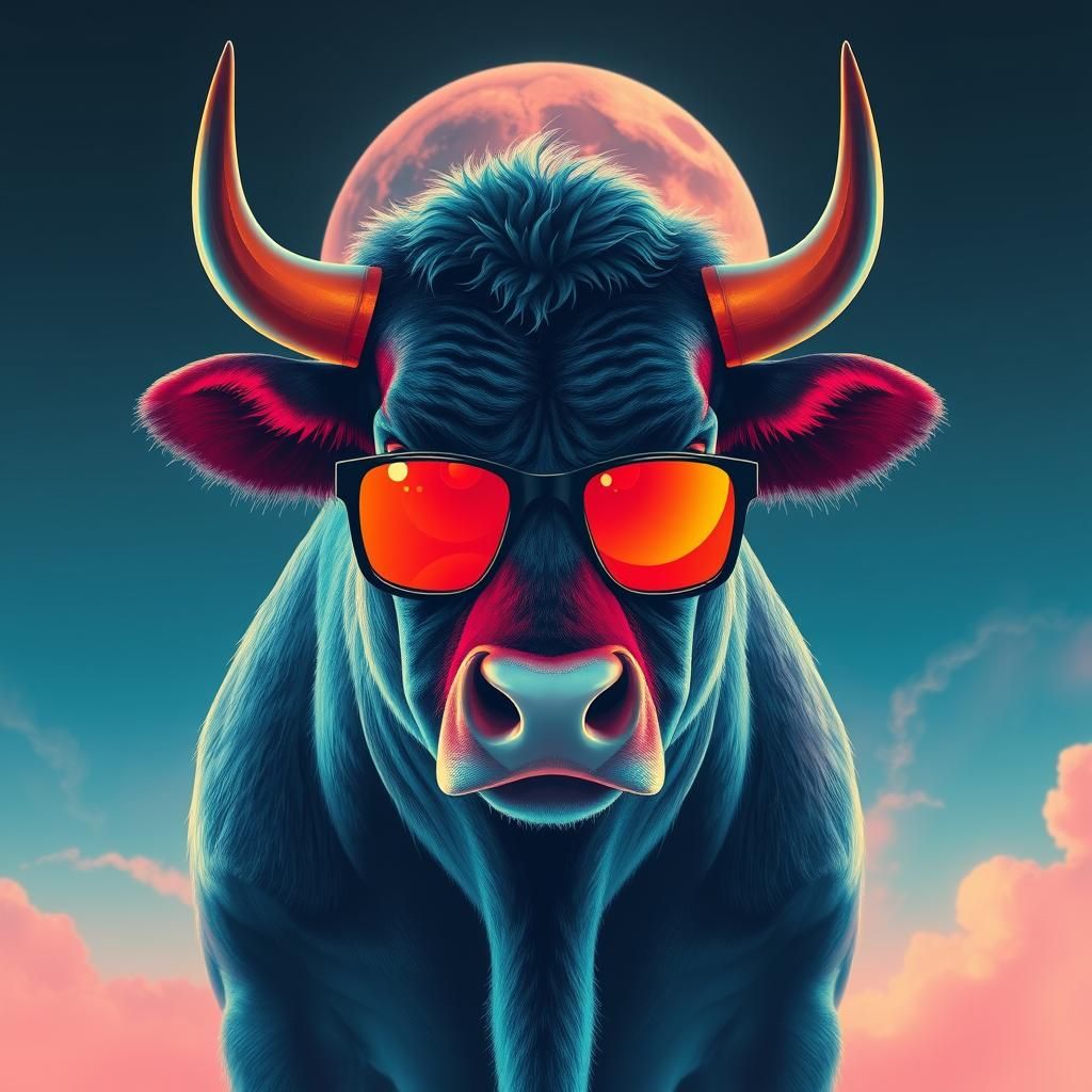 Synthwave Bull with Sunglasses in Vaporwave Style