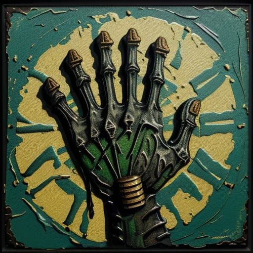 Sinister Skeletal Hand Grasps Melting Clock as Impasto Paint...